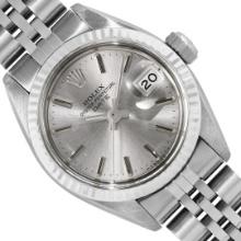 Rolex Ladies Stainless Steel Silver Index White Gold Fluted Bezel Date Watch