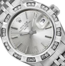 Rolex Ladies Stainless Steel Silver Index 18K White Gold Diamond Bezel Date Watc