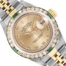 Rolex Ladies Quickset Sapphire 18K Two Tone Champagne Roman Diamond And Emerald