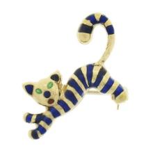 Vintage Italian 18k Gold Multi Color Enamel Blue Stripe Cat or Tiger Pin Brooch