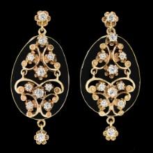 Vintage Victorian Revival 14k Gold Black Onyx w/ Diamond Ornate Dangle Earrings