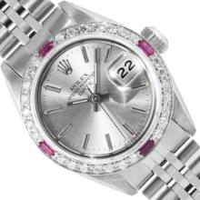 Rolex Ladies Stainless Steel 26MM Silver Index Dial Diamond And Ruby Bezel Date