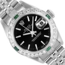 Rolex Ladies Stainless Steel Black Index Dial Diamond And Emerald Bezel Date Wri