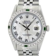 Rolex Mens Stainless Steel White Roman 36MM Diamond And Emerald Datejust