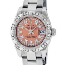 Rolex Ladies Stainless Steel Quickset Salmon String Diamond Datejust Wristwatch