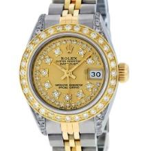 Rolex Ladies Two Tone 18K Champagne String Diamond Lugs Datejust Wristwatch