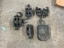 (6) small vintage wooden pulleys