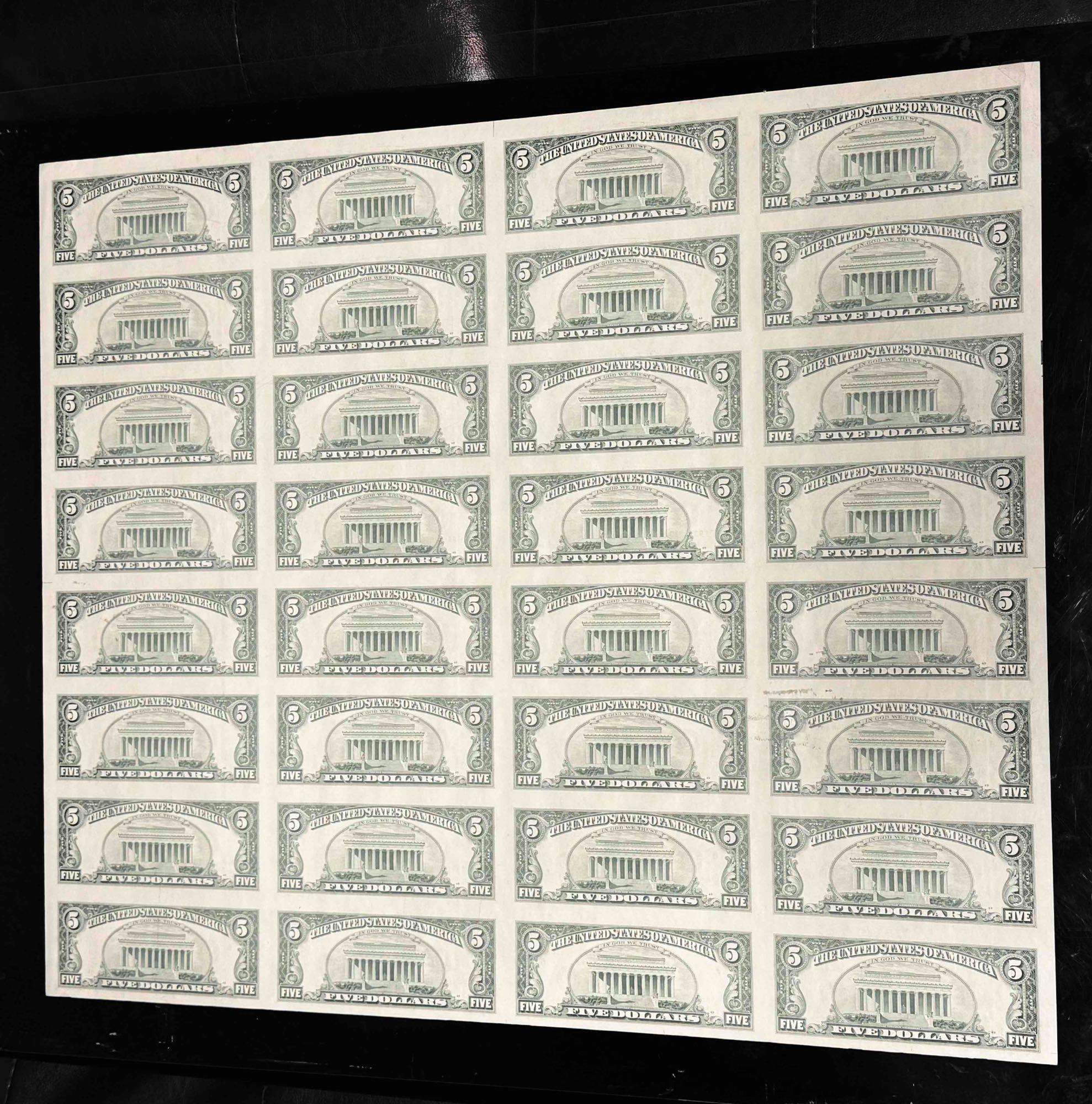 Uncut Sheet Of 32 $5 Bank Notes Series 1995 $160 Face Value