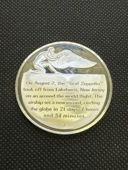 History Of Flight Graf Zeppelin Circles The Globe 1929 Sterling Silver Coin 1.33 Oz