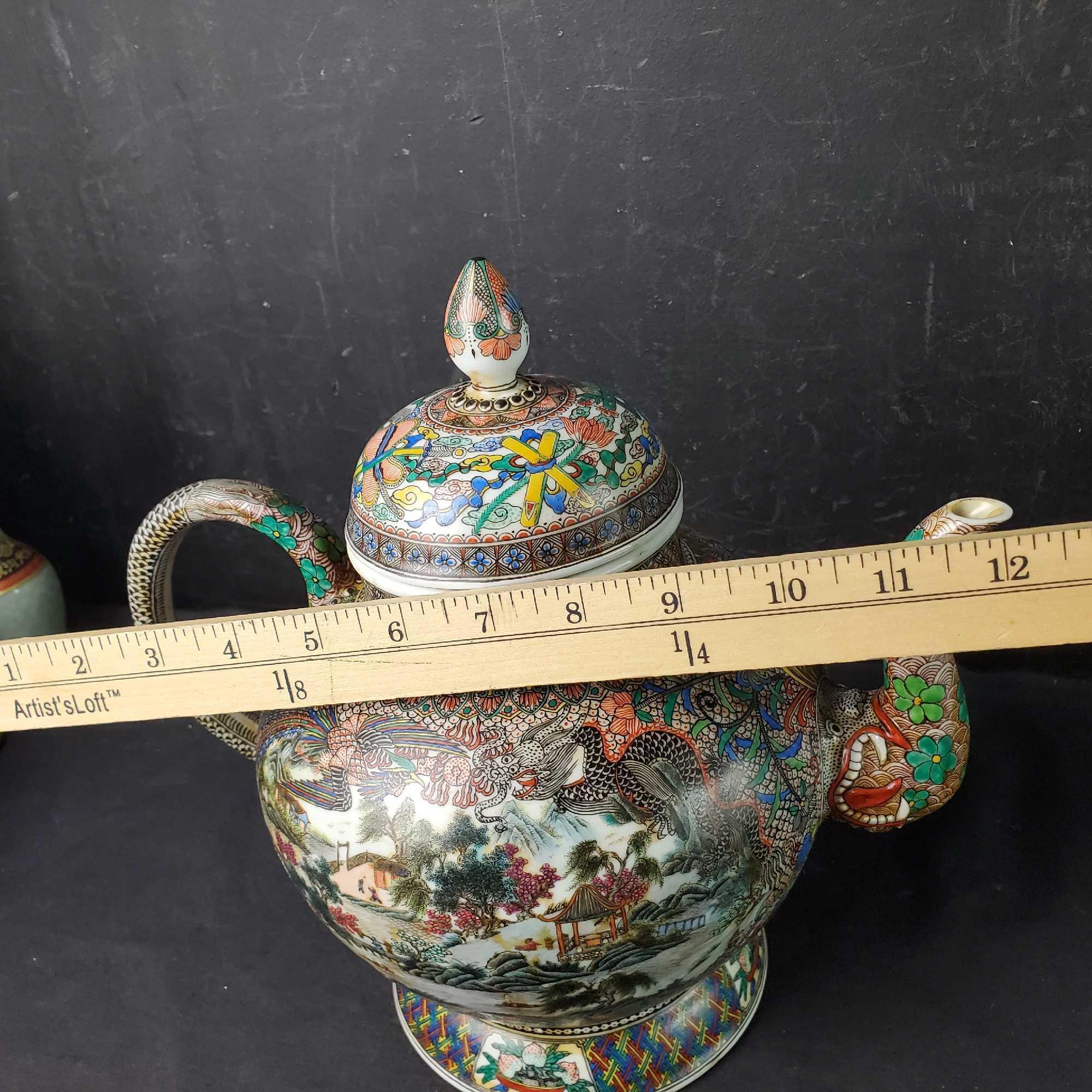 Large Chinese hand painted porcelain teapot 2 Herend Hungary hand painted candle holders floral vase