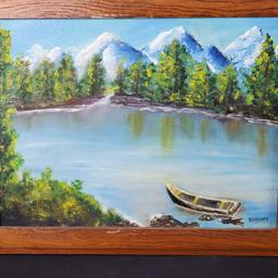 3 Framed oil/canvas artwork pieces with signatures Canoe on lake waterfalls village houses/people