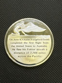 History Of Flight 1st Flight From US To Australia 1928 Sterling Silver Coin 1.31 Oz