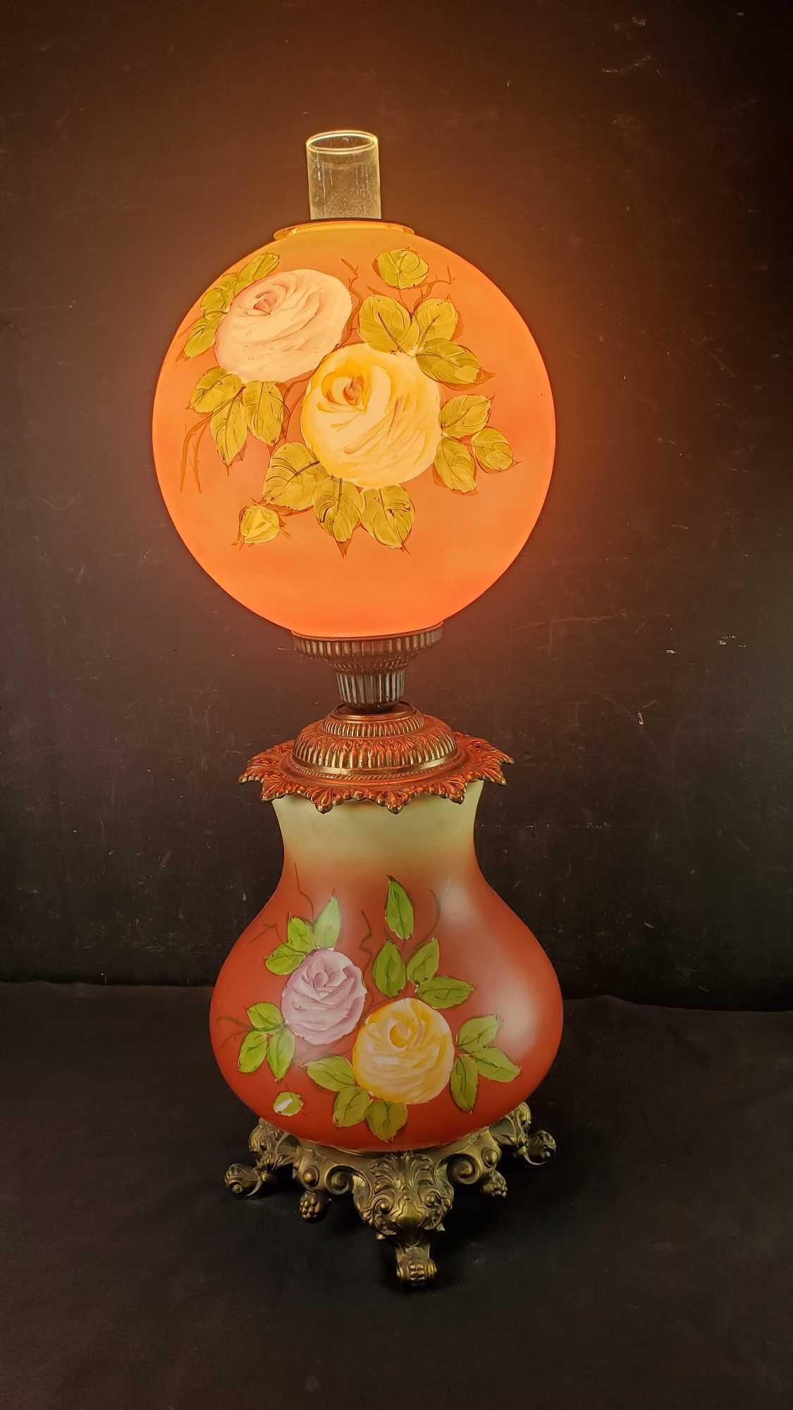 Vintage Gone With The Wind electric oil lamp style hand painted floral design lamp