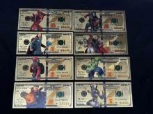 8 24k Gold Marvel Comics Collector Banknote Bills Deadpool Hulk Iron Man more