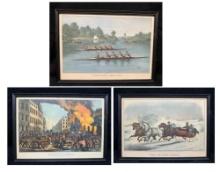 3 Currier n Ives Vintage Framed Art 11x15 THE SLEIGH RACE, 4 Oared Shell Race more