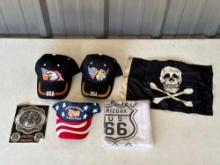 Route 66 Flag, Jolly Roger Flag & U.S.A. Ball Caps