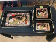 Set of 3 Vintage Japanese Peacock and Floral Painted Black Lacquerware Serving Trays