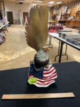 Bald Eagle and American Flag Statue with Thin Carved Wooden Wings