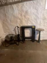 fan, sawhorses, stool & air pump