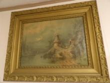 FRAMED PICTURE WITH BEAUTIFUL ORNATE FRAME. WINDMILL SCENE. APPROX 38 X 28"