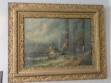 LIGHTHOUSE PAINTING WITH BEAUTIFUL ORNATE FRAME. APPEARS TO BE VERY OLD. SOME DAMAGE NOTED IN THE