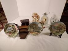 LOT OF MISC HOME DECOR ITEMS INCLUDING PLATES, TEA POT, ANGELS, GLASS BOOT, WOODEN DISPLAY. SOME