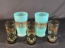 (2) Frosted Felderal glasses w (3) Italian drinking glasses