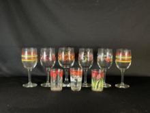 (6) Decorative wine glasses & (3) small tumblers
