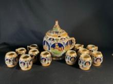 German Ceramic Stoneware Tureen Punch Bowl set w/12 mugs Handle repaired on Tureen