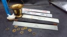 Advertising Rulers, Brass Spittoon, Nesting Hen Dish, Tokens