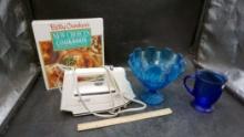 Betty Crocker'S Cookbook, Iron, Ruffle Bowl & Blue Glass Cup
