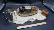 Placemat, Wooden House, Mirrored Tray, Cups, Stein