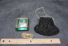 Bijoux Terner Beaded Sequin Purse, Glass Case & Horse Pin