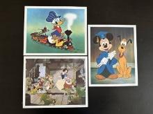 3 Walt Disney Productions Cardstock Prints of Mickey-Pluto, Snow White and Donald Duck Paintings
