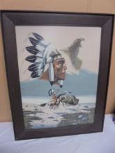 Vintage Framed Indian w/ Eagle & Buffalo Print