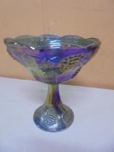 Vintage Indiana Glass Blue Iridescent Grapes & Leaves Compote