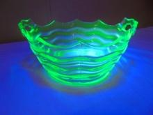 Vintage Green Uranium Glass Double Handled Bowl
