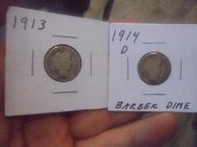1913 & 1914 D Mint Silver Barber Dimes