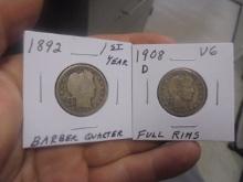 1892 & 1908 D Mint Silver Barber Quarters