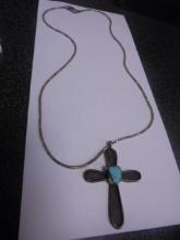 Ladies Sterling Silver Necklace w/ Cross Pendant w/ Stone
