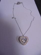 Beautiful Ladies Rhodium Over Sterling Silver Necklace & Heart Pendant w/ Stones