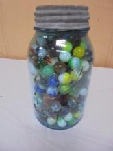 Vintage Blue Glass Quart Ball Jar Full of Marbles