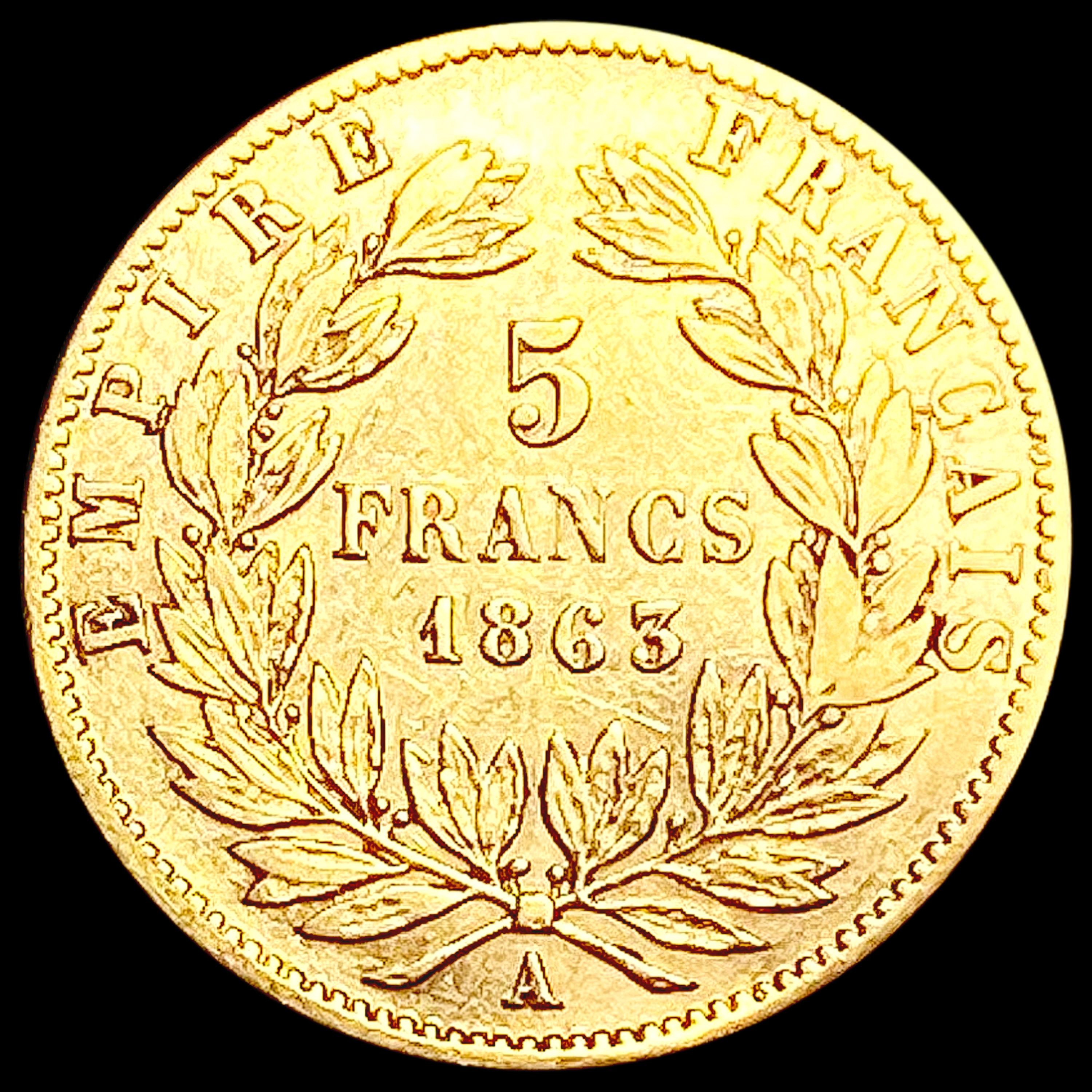 1863-A France .0467oz Gold 5 Francs NEARLY UNCIRCU