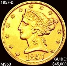 1857-D $5 Gold Half Eagle CHOICE BU