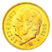 1955 Mexico .1206oz Gold 5 Pesos CLOSELY UNCIRCULA