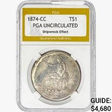 1874-CC Silver Trade Dollar PGA UNC  Shipwreck Eff