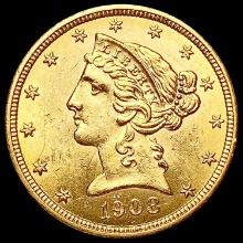 1908 $5 Gold Half Eagle UNCIRCULATED