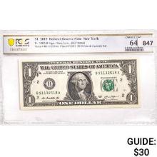 2013 $1 Fed Reserve Note New York PCGS Ch UNC 64