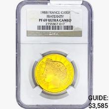 1988 1/2oz. Gold France 100 Francs Fraternity NGC PF69 UC
