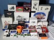 Giant Lot of Harley Davidson Chirstmas Houses, Ornaments and Accessories in Original Boxes